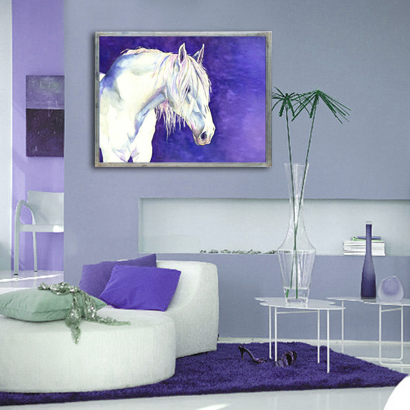 Equine Watercolor Painting - White Horse Nature - Fine Art Print Brazen Design Studio Dark Slate Blue